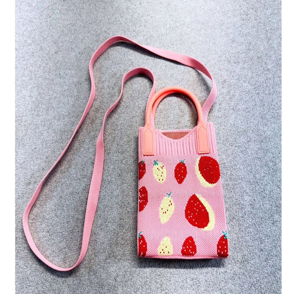 Pink Strawberry Knit Phone Crossbody Bag Mini Purse Phone Holder Cottagaecore‎